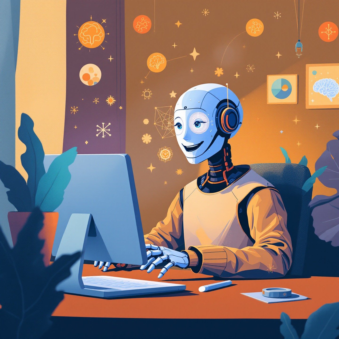 Illustratie die vergelijkt of een psycholoog AI fysieke therapie vervangt, en een evenwicht tussen beide toont.