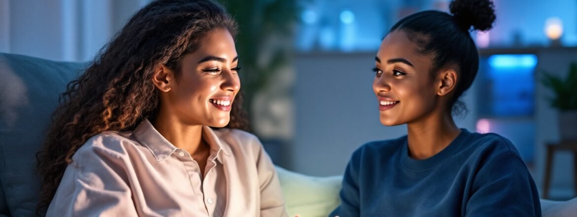 Een illustratie van twee personen, een chattend met een menselijke therapeut en de ander met een AI, die de keuze tussen een online psycholoog en AI weergeeft.