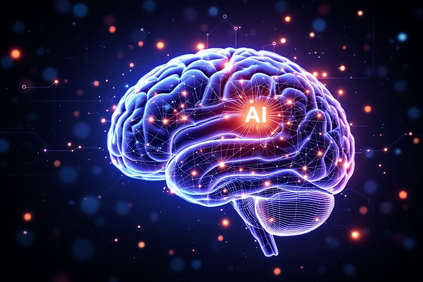 Een illustratie van een menselijk brein verbonden met een AI-circuit, als weergave van de evolutie van de psychologie en de integratie van AI-therapie, geschiedenis van de psychologische therapie