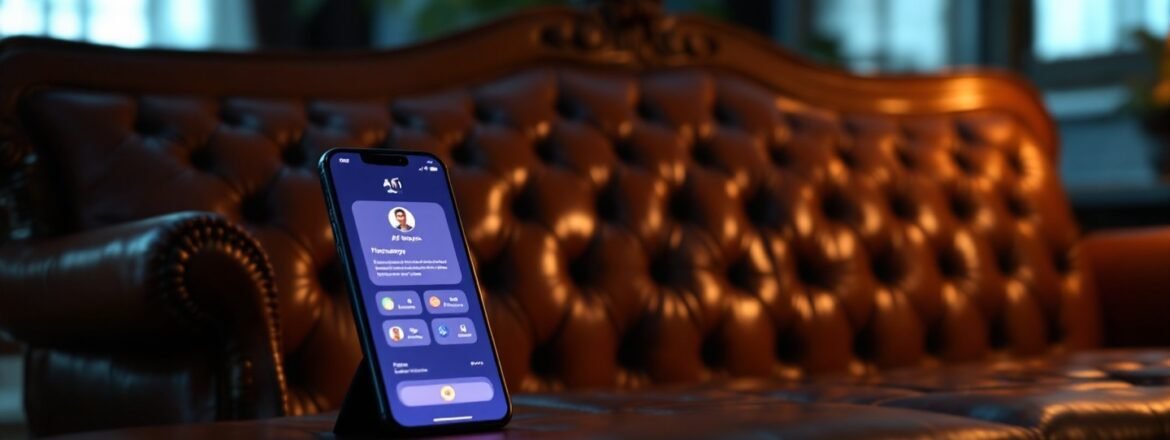 Een visueel ontwerp dat een traditionele therapiedivan vergelijkt met een smartphone, als symbool voor de evolutie van de psychologie en de overgang van traditionele therapie naar AI-therapie.