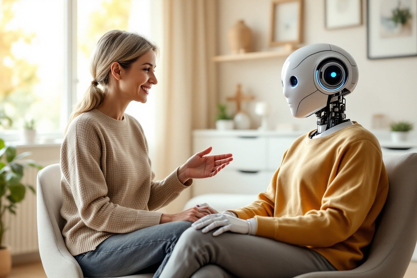 Een tekening van een menselijke therapeut en een AI-robot die samenwerken om iemand te helpen, ter illustratie van de samenwerking van AI in de geestelijke gezondheidszorg.