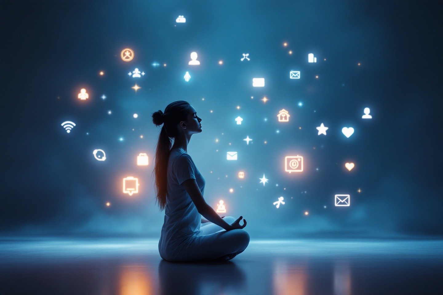 Een persoon in meditatiehouding, omringd door zwevende digitale iconen, die laat zien hoe een AI-psycholoog voor angst helpt bij het beheren van digitale stress.