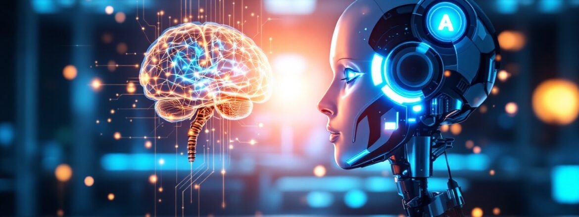 Een grafisch ontwerp met een menselijk brein en een AI-robot, als symbool voor het debat of AI de psycholoog kan vervangen in de geestelijke gezondheidszorg.