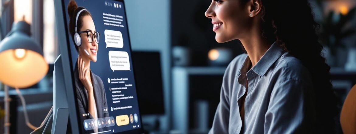 Een persoon die chat met een AI-therapiechatbot op een computerscherm, ter illustratie van de toegankelijkheid van digitale geestelijke gezondheidszorg.